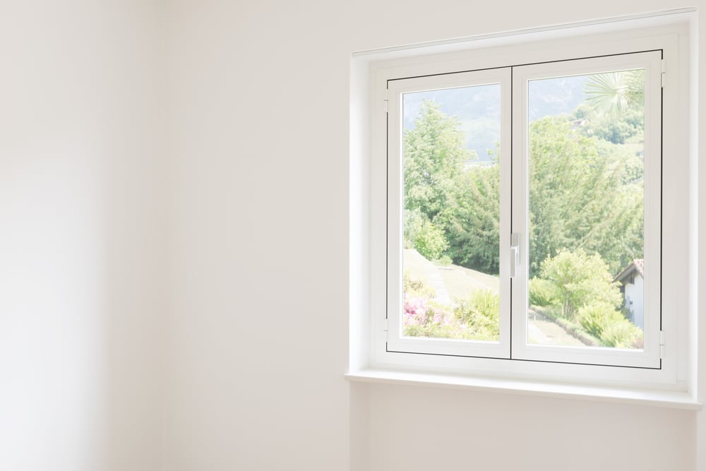 Window in bright white room overlooking greenery