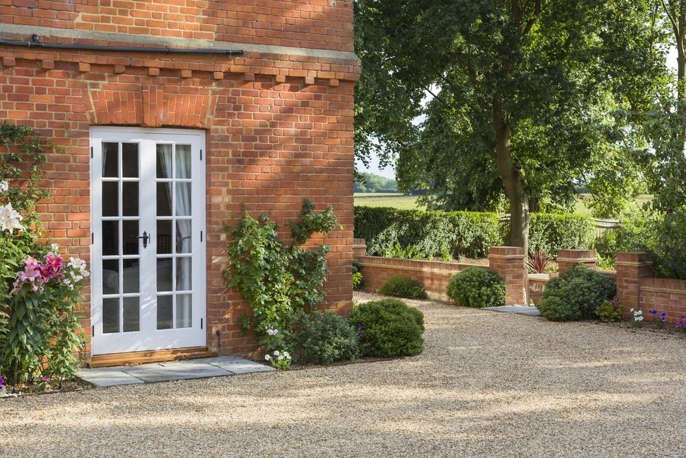 outdoor view of french doors with curtain