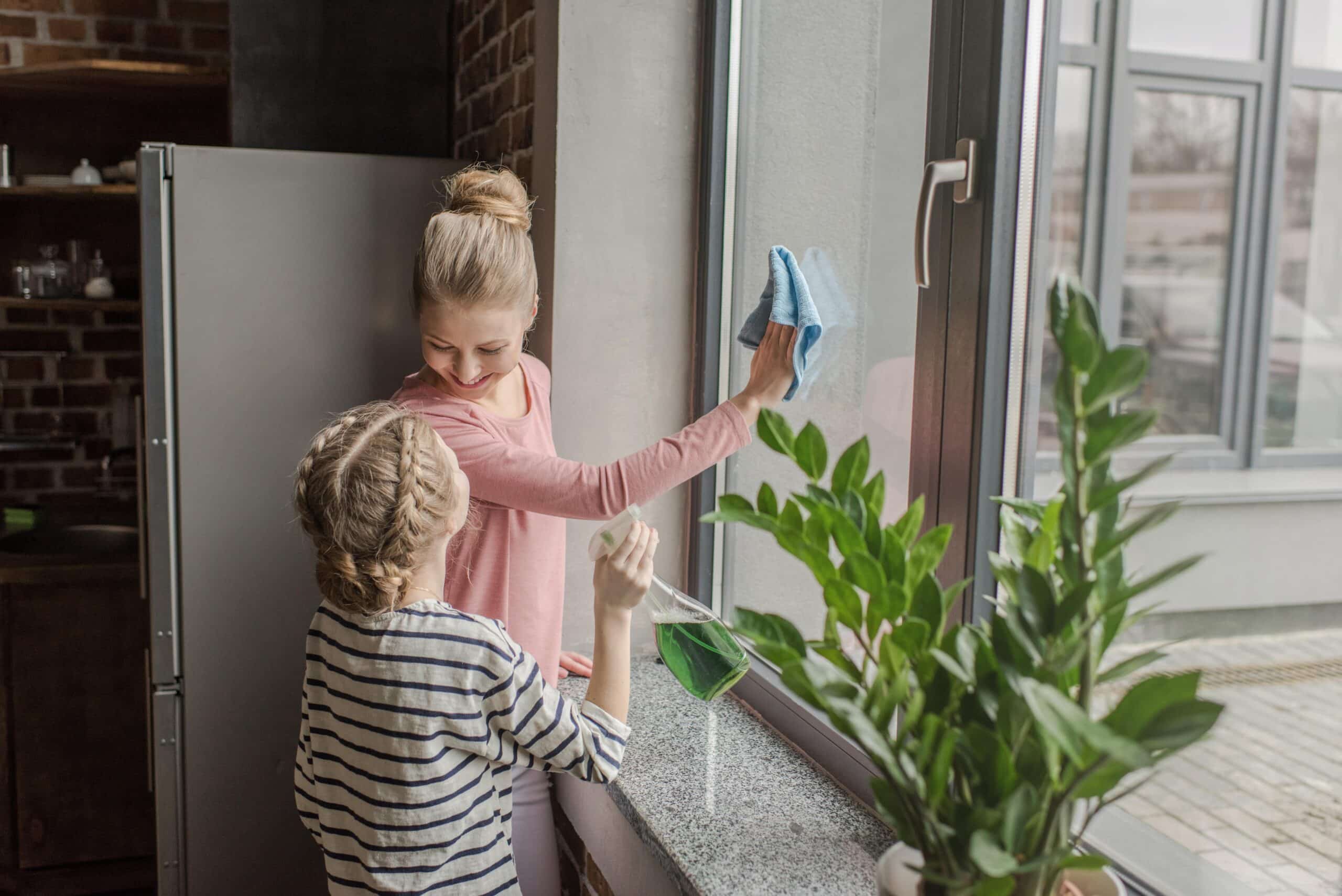 Mother and daughter cleaning home window