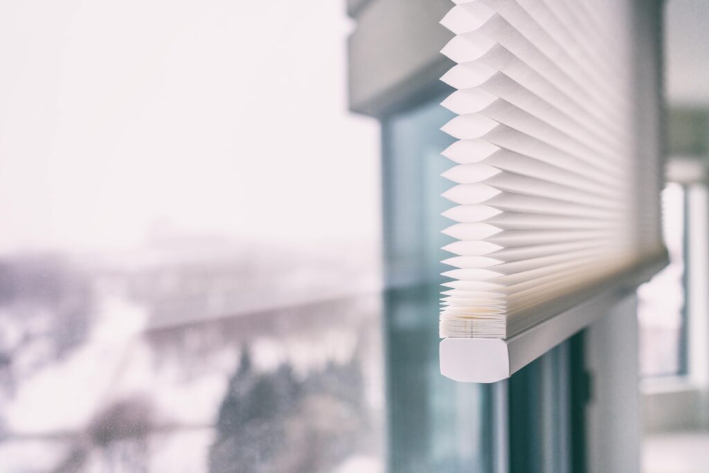 cellular shades on window, winter outside